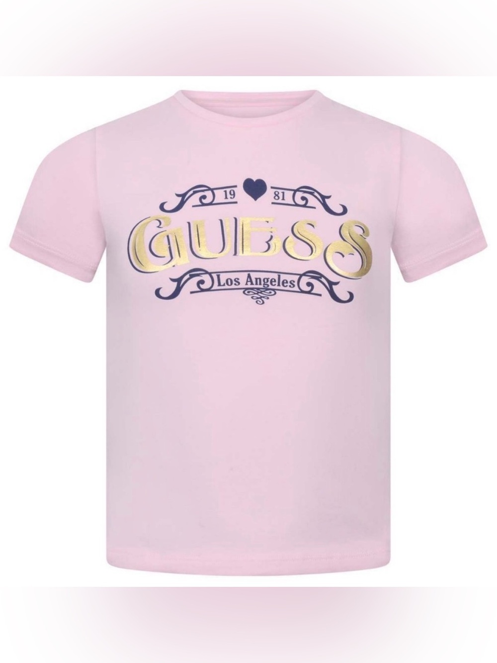 Guess Girls' Pink Tee with Gold and Navy Logo